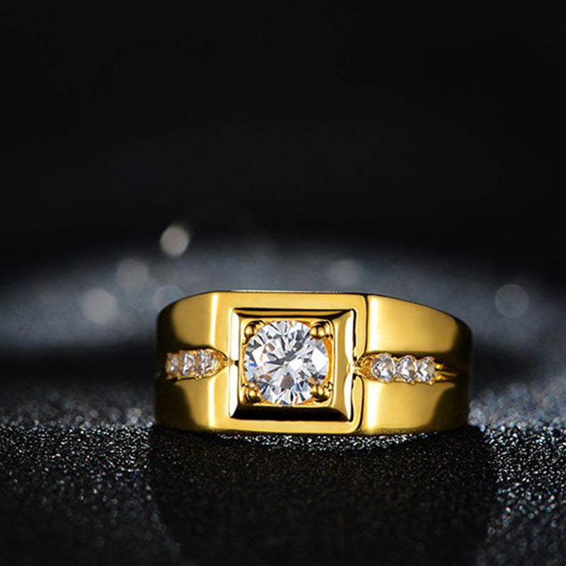 Goldfarbener Diamant/Zirkon-Signet-Ring – Hip-Hop Style